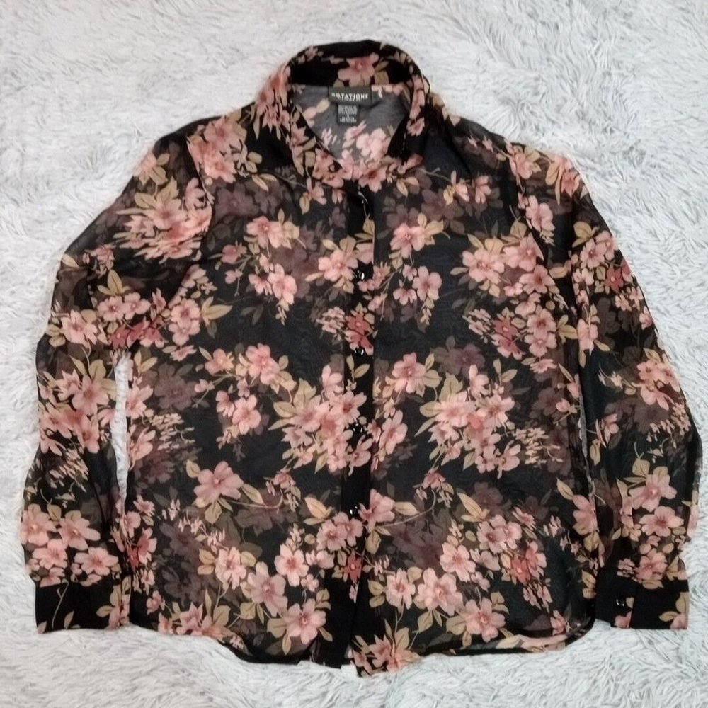 Notations Womens Shirt‎ Blouse Black Small Button Up Floral Sheer